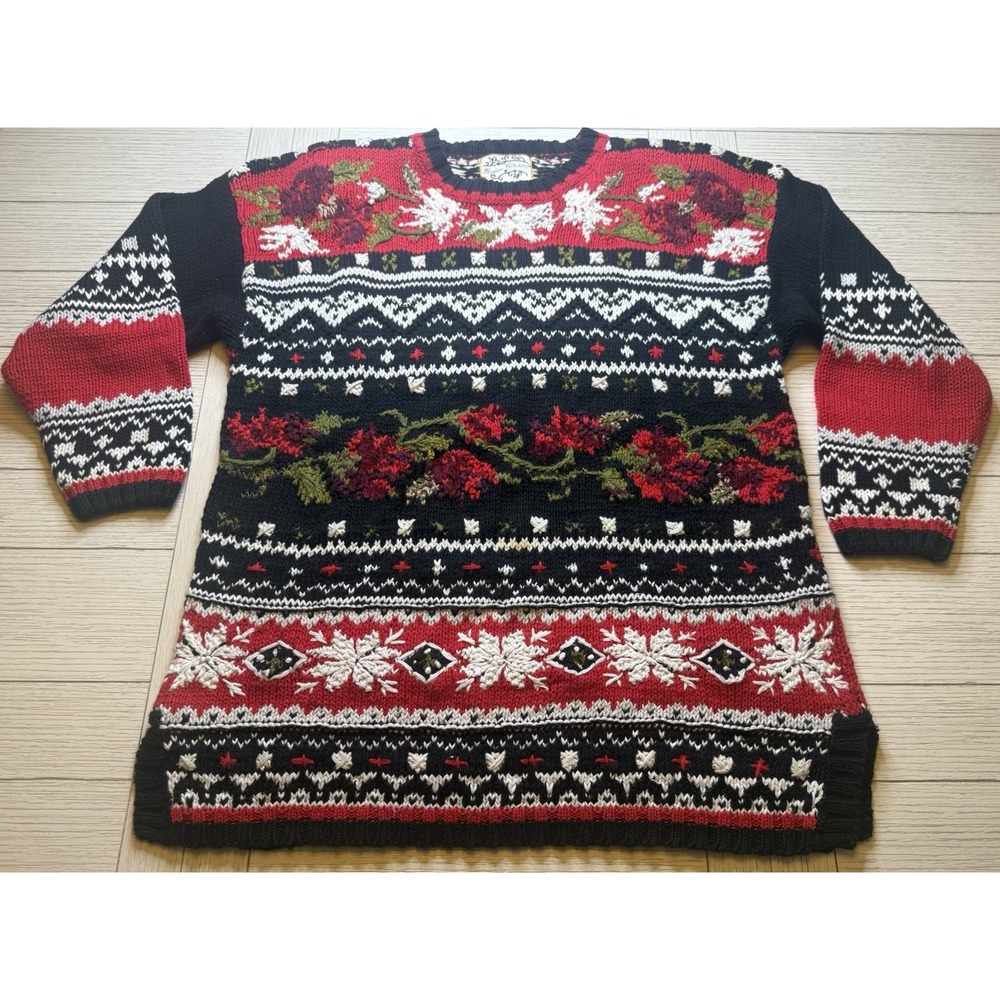 Vintage Heirloom Collectibles‎ Sz L Knit Red Rose Pullover Sweater. 80s Retro